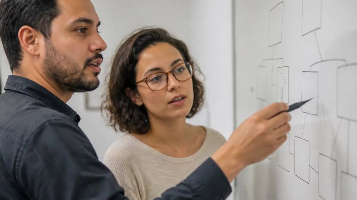 Duas participantes de pé diante do quadro branco, montando um argumento a caneta