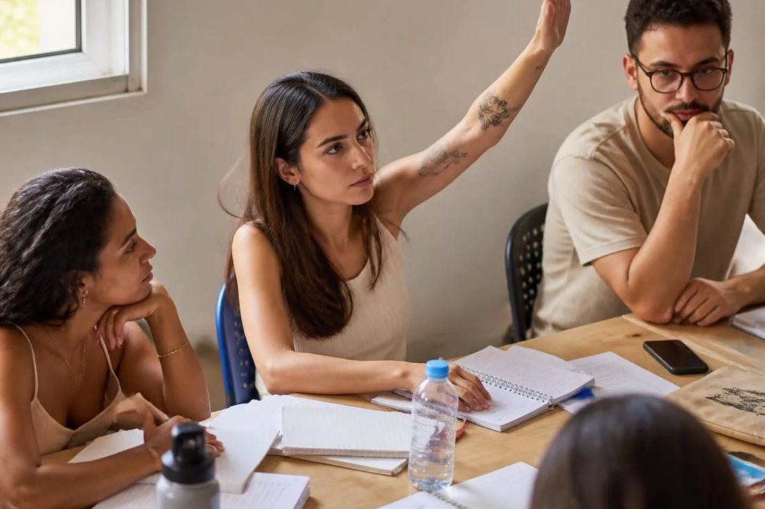 Facilitador em pé apontando para um argumento escrito no quadro durante a sessão